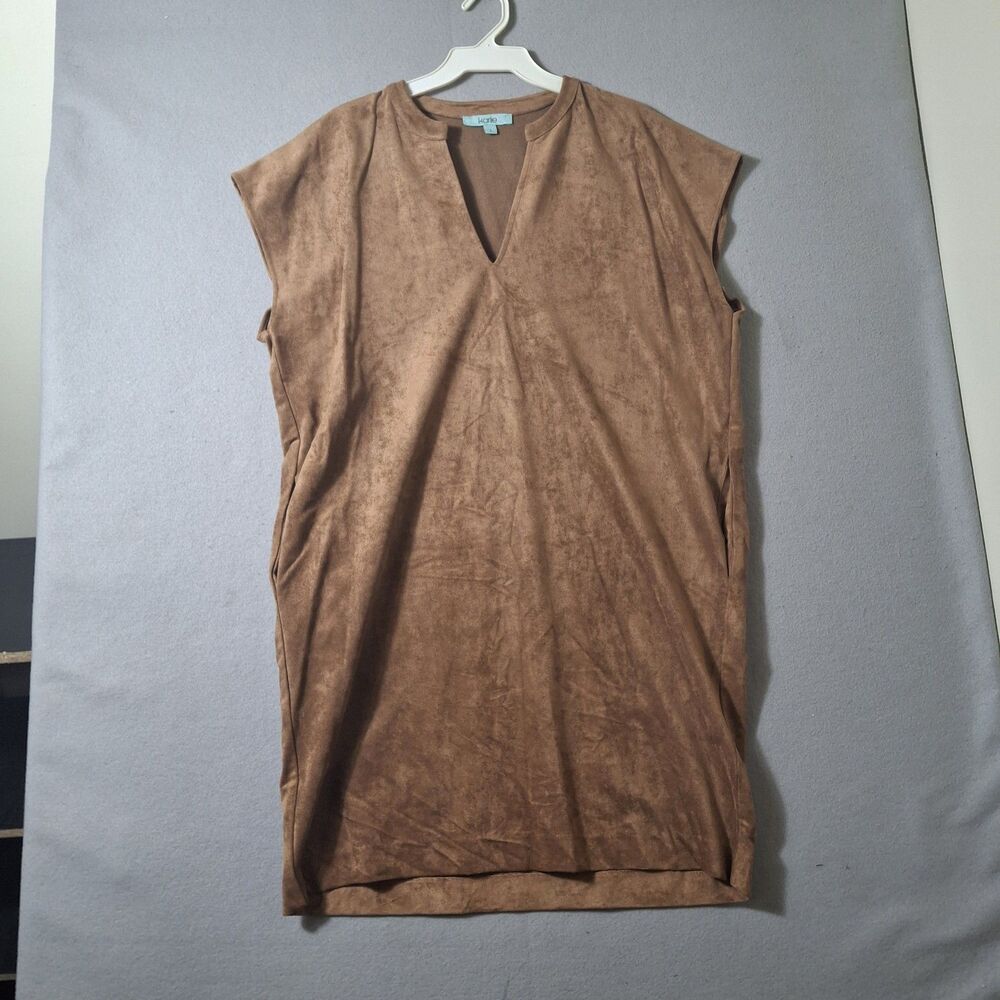 Karlie Brown Faux Suede Shift Mini Dress Womens Large Sleeveless V-Neck Pockets